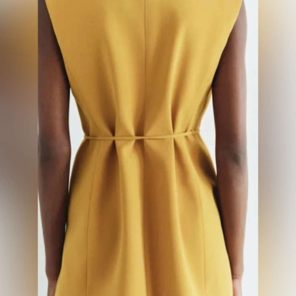 Zara Sleeveless V-Neck Mustard Dress with Waist Tie - Picture 4 of 10